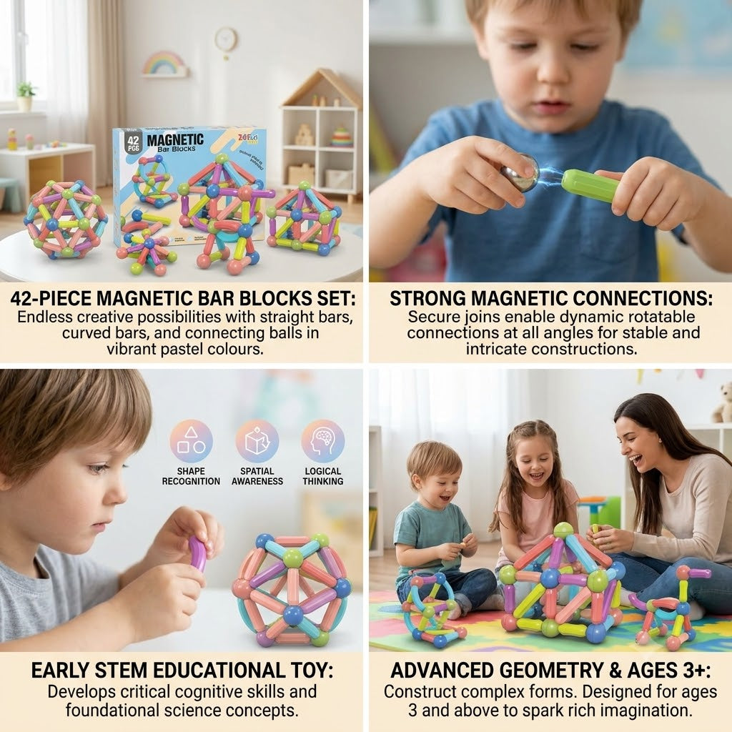 Magnetic Bar Blocks, 42 Piece Construction STEM Building Toy