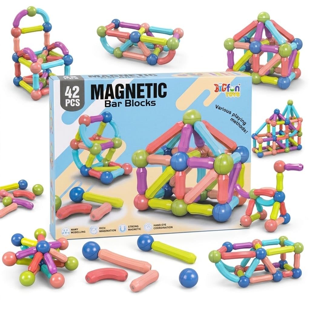 Magnetic Bar Blocks, 42 Piece Construction STEM Building Toy